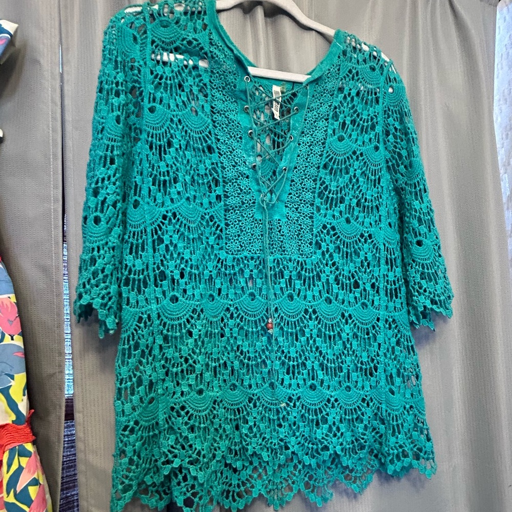 50%offw❤️ Monoreno Women's Crochet Boho 3/4 turquoise beach lace up S